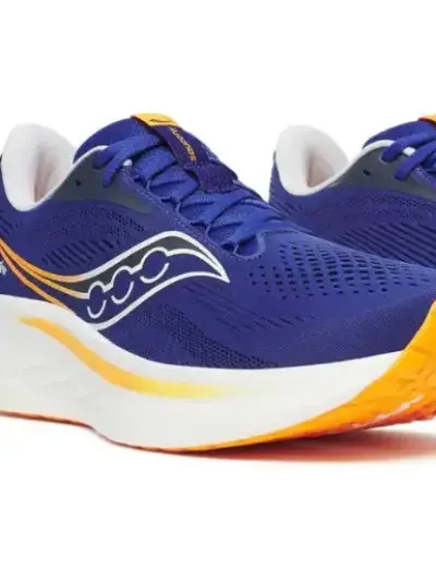 Angled view of the Saucony Ride 18 Men's in AzuritePeel on a white background