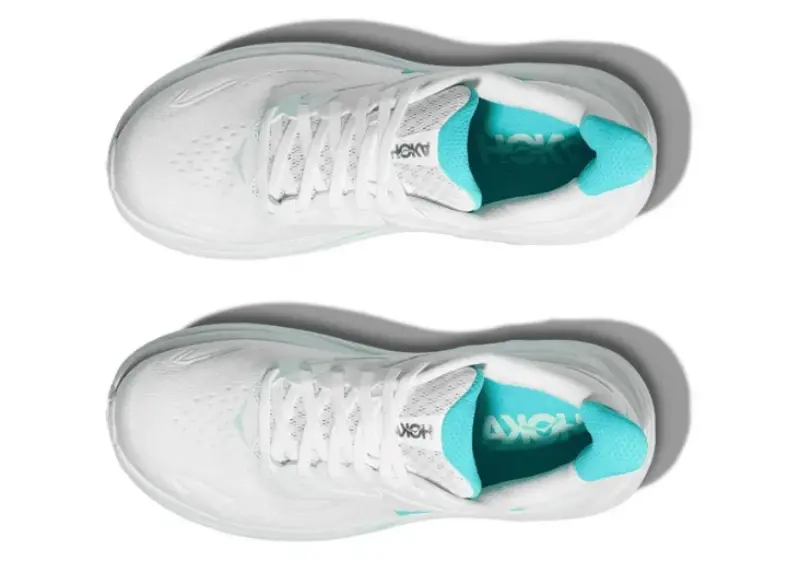 upper view of the women's Hoka Clifton 10 WhiteCielo Blue on a white background