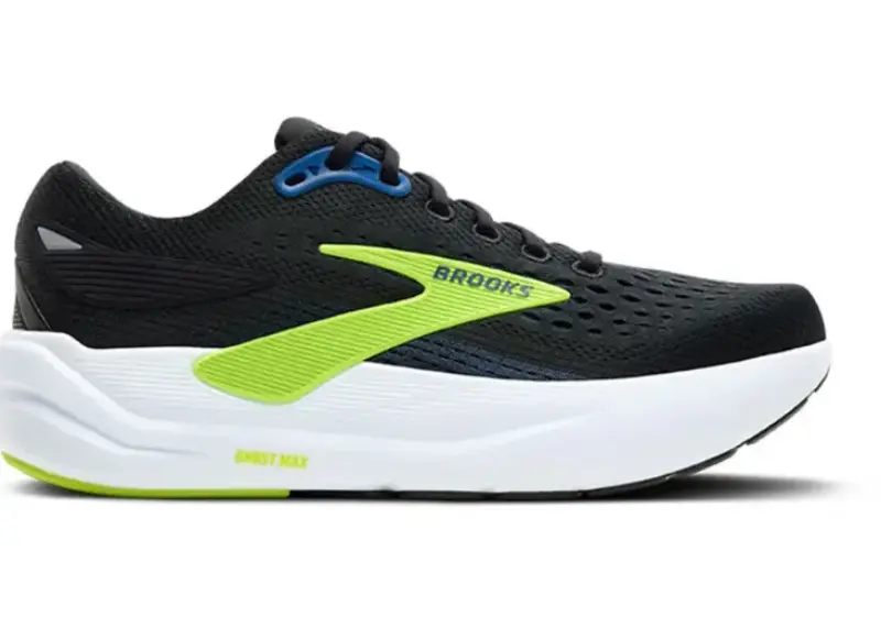 Side view of the Brooks Ghost Max 3 running shoe in black with lime green accents and a white midsole.