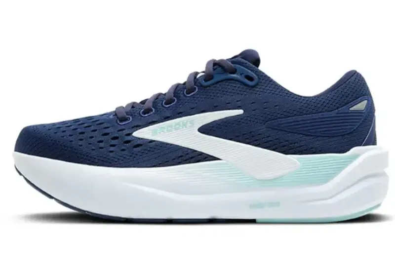 Side view of the Brooks Ghost Max 3 running shoe in navy blue with white and aqua accents and a white midsole.