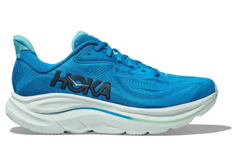 Hoka Clifton 10 running shoe in Hoka Blue/Skyward Blue colorway, featuring a breathable engineered mesh upper, oversized cushioned midsole, and bold HOKA branding on the side for maximum comfort and impact absorption