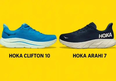 Side-by-side comparison of the HOKA Clifton 10 and HOKA Arahi 7 against a bright yellow background. The Clifton 10 on the left is shown in a vibrant blue colorway with a light foam midsole, while the Arahi 7 on the right is in navy with a white HOKA logo on the heel and a cushioned white midsole. Each shoe is labeled in bold black text beneath.