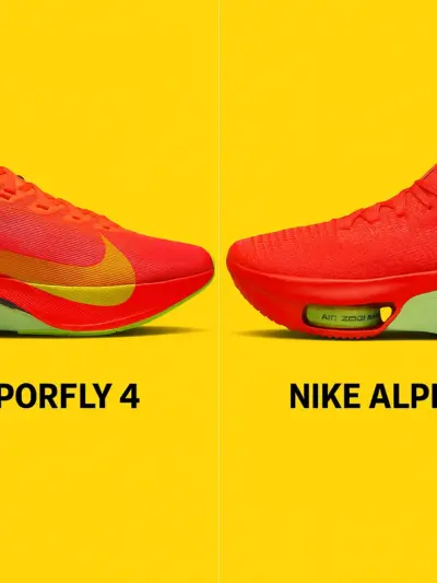 Side-by-side comparison of the Nike Vaporfly 4 and Nike Alphafly 3 against a bright yellow background. The Vaporfly 4 on the left features a red upper with a gradient yellow swoosh and green sole labeled with “LNG TROP PRESSING UE.” The Alphafly 3 on the right showcases a similar red upper with a sock-like collar, visible Air Zoom pods, and “NIKE ZOOMX” branding on the mint green midsole. Both shoes are labeled in bold black text beneath them.