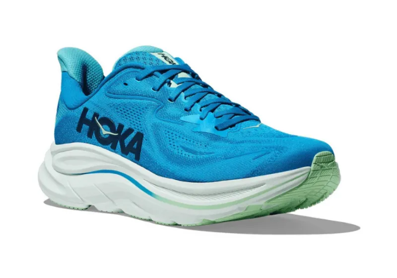 Angled view of a bright blue Hoka Clifton 10 running shoe with a white and mint green cushioned sole and large navy HOKA logo on the side