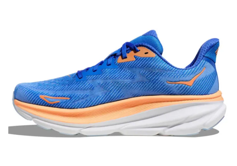 Side view of a men's blue Hoka Clifton 9 running shoe with an orange midsole, white outsole, and orange Hoka wing logo near the heel.