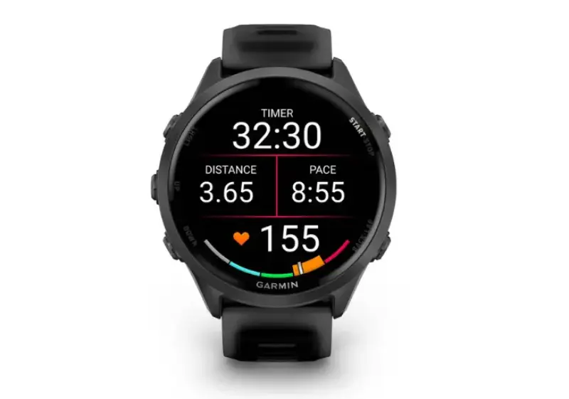 Front view of the Garmin Forerunner 255 smartwatch with a black band, displaying workout metrics including timer, distance, pace, and heart rate on a colorful digital screen.