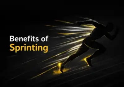 Featured image for Benefits of Sprinting showing a powerful sprinter silhouette on a dark background with yellow motion streaks and glowing accents emphasizing speed and explosive performance.