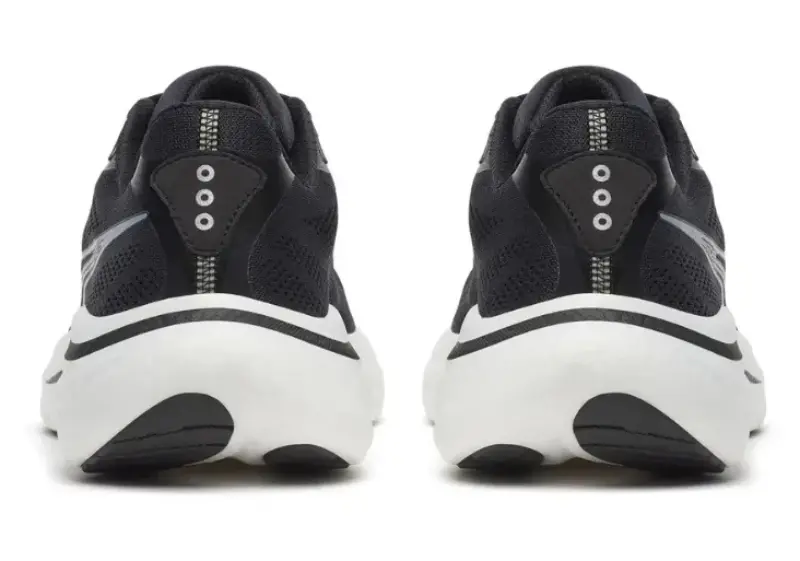Rear view of men&rsquo;s Saucony Ride 19 running shoes in black with white midsole and XT-900 rubber outsole.