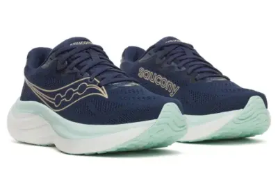 Women&acirc;s Saucony Ride 19 running shoes in navy and aqua shown in side angle view with PWRRUN+ midsole.